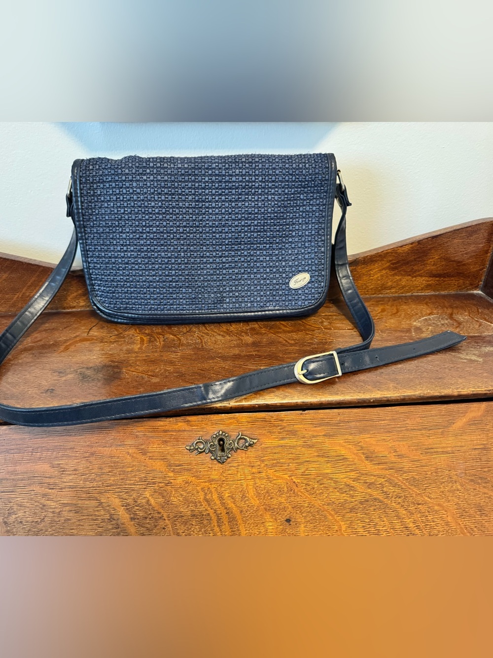 1980s Firenze Navy Blue Woven Tweed Crossbody Flap Bag
